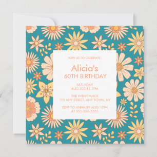 Retro Orange Peach Flora Green 60. Geburtstag Einladung