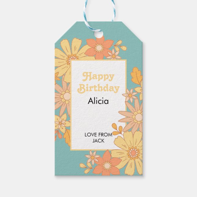 Retro Orange Peach Flora Groovy Geschenkanhänger (Vorderseite)