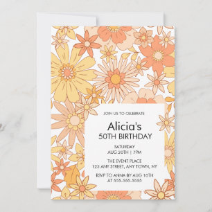 Retro Orange Peach Flora Muster 50. Geburtstag Einladung