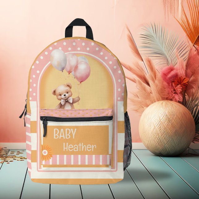 Retro Orange Pink Bear Baby Bedruckter Rucksack (Backpack featuring a retro striped design with polka dots and a cute bear in pink and orange colors)
