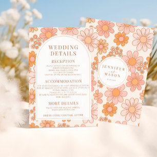 Retro Orange Pink Daisy Wedding Details Cards Begleitkarte