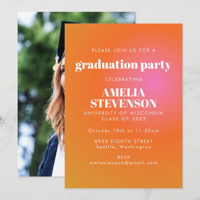Retro Orange Pink Gradient Foto Graduation Party Einladung (Vorne/Hinten)