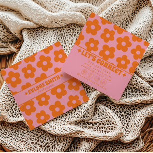Retro Orange Pink Groovy Floral Trendig Boho Quadratische Visitenkarte