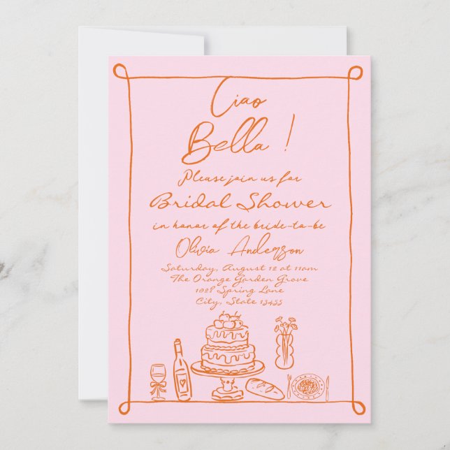 Retro Orange Pink Handgezeichnetes italienisches B Einladung (Vorderseite)