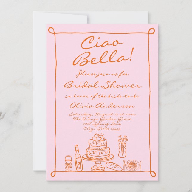 Retro Orange Pink Handgezeichnetes italienisches B Einladung (Vorderseite)