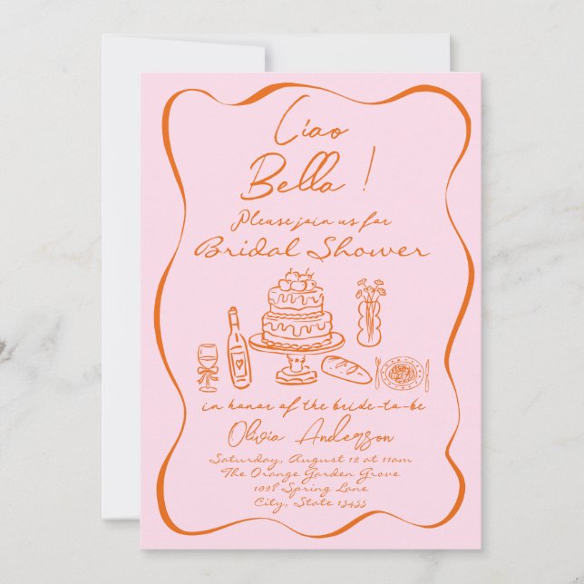 Retro Orange Pink Handgezeichnetes italienisches B Einladung (Vorderseite)
