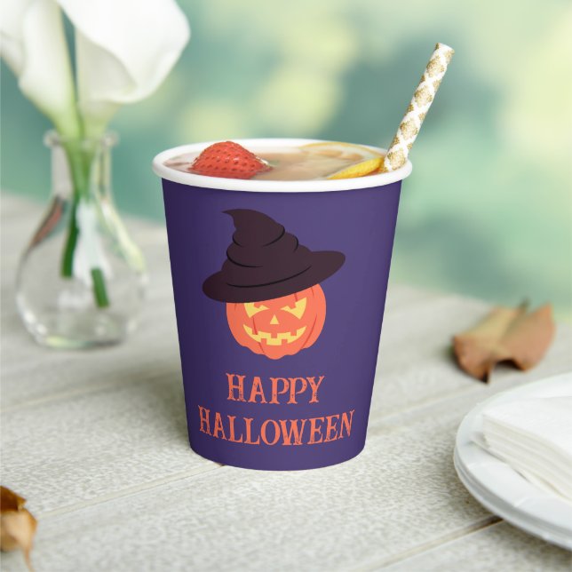 Retro Orange Pumpkin Happy Halloween Paper Cups Pappbecher (In Situ)