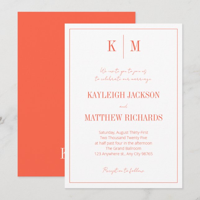 Retro Orange Red Monogram Elegant Wedding  Einladung (Vorne/Hinten)