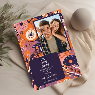 Retro orange rosafarben pink lila groovy Hochzeit Save The Date