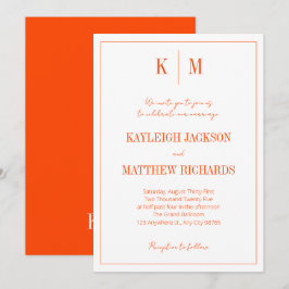 Retro Orange-Rot-Monogramm Elegante Hochzeit Einladung