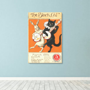 Retro Orange Schwarze Katze Weißes Kaninchen Banjo Leinwanddruck