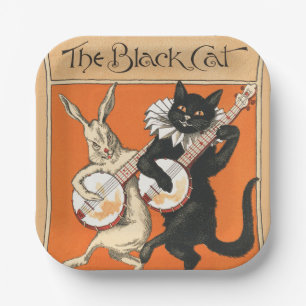 Retro Orange Schwarze Katze Weißes Kaninchen Banjo Pappteller
