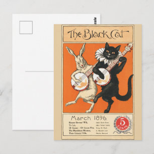 Retro Orange Schwarze Katze Weißes Kaninchen Banjo Postkarte