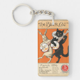 Retro Orange Schwarze Katze Weißes Kaninchen Banjo Schlüsselanhänger
