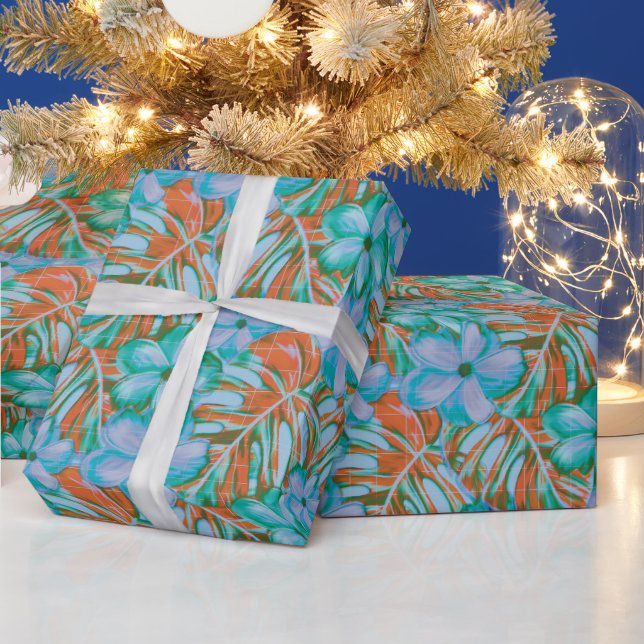 Retro Orange und Blue Florals Geschenkpapier (Feiertage)