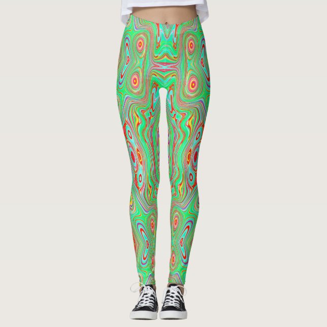 Retro Orange und Lime Green Abstrakt Pattern Leggings (Vorderseite)