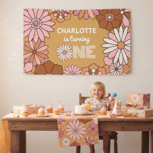 Retro Orange und Pink Floral Daisy Erster Geburtst Banner