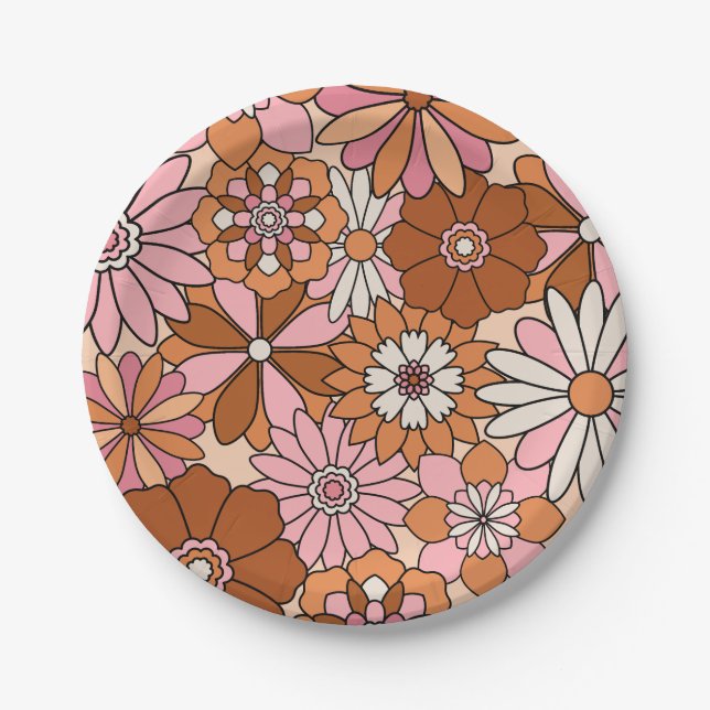 Retro Orange und Pink Floral Daisy Pappteller (Vorderseite)