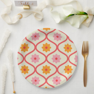 Retro orange und rosa Blumen auf Ogee-Muster  Pappteller