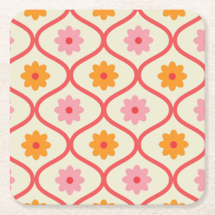 Retro orange und rosa Blumen auf Ogee-Muster  Rechteckiger Pappuntersetzer