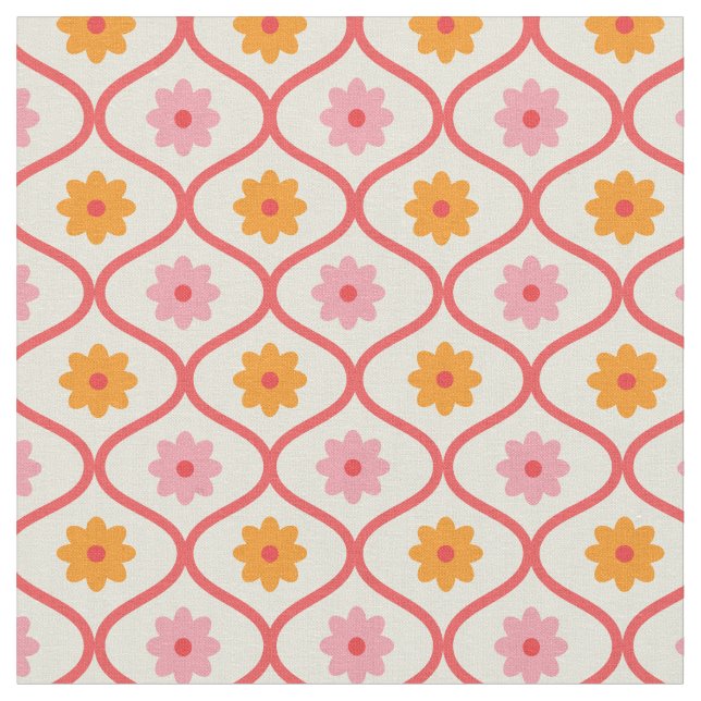 Retro orange und rosa Blumen auf Ogee-Muster Stoff (Nahaufnahme)