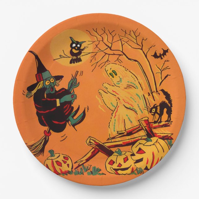 Retro Orange Witch Halloween  Pappteller (Vorderseite)