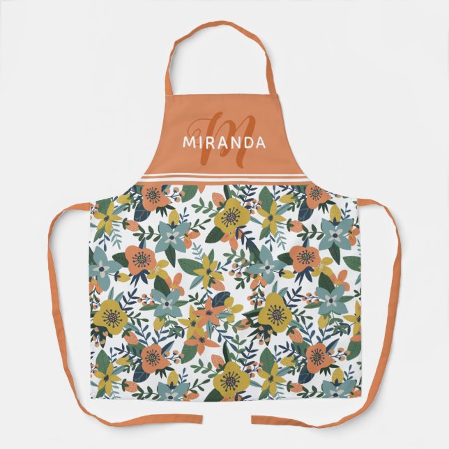 Retro Orange Yellow Blue Floral Muster Monogramm Schürze (Vorderseite)