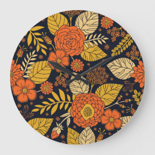 Retro Orange, Yellow & Navy Floral Große Wanduhr