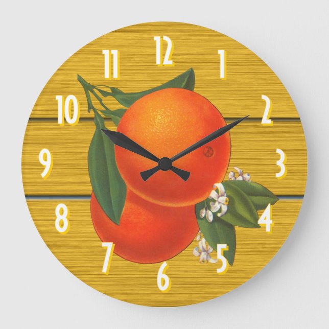 Retro-Orangen auf rustikalem Holz mit nummerierten Große Wanduhr (Vorderseite)