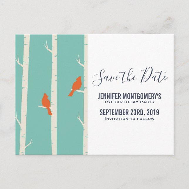 Retro Orangen Vögel auf Birken Save the Date Postkarte (Vorderseite)