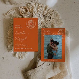 Retro-Orangenes handgezeichnetes Sommerhochzeitsfo Save The Date