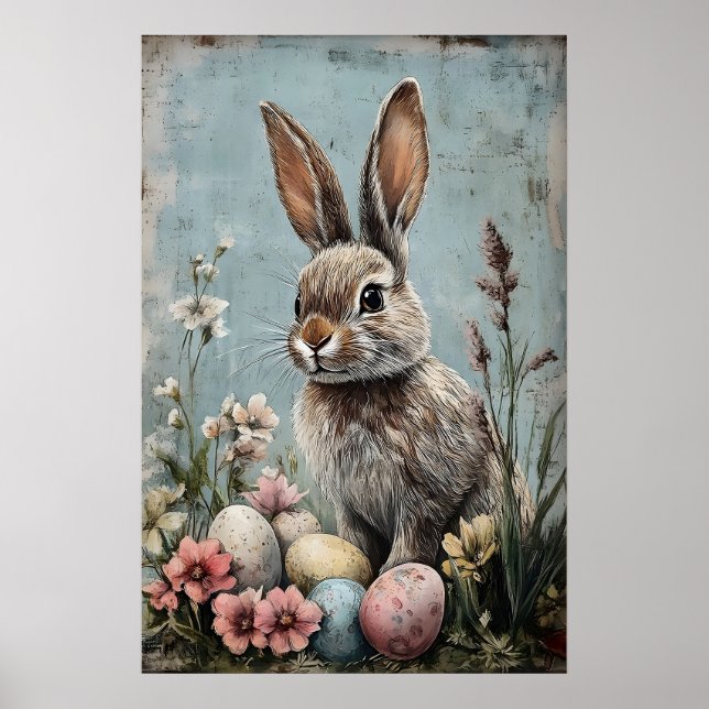 Retro-Osterhase-Hasen-Blumen-Print, Rustikal Poster (Vorne)