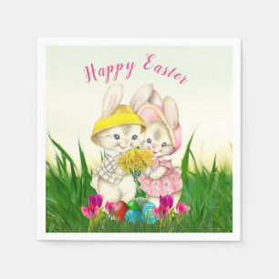Retro-Osterhasen mit Frühlingsblumen / Party Serviette