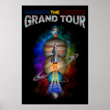 Retro Outer Space Art mit Raumschiff und Planeten