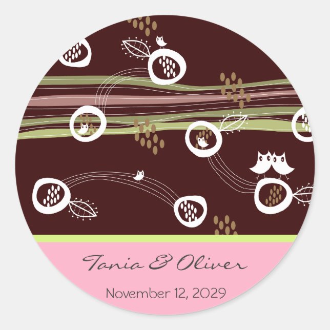 Retro Owls Family Custom Wedellabel Aufkleber (Vorderseite)