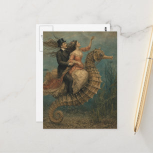 Retro-Paar auf einer Seepferdchen-Fantasie Postkarte