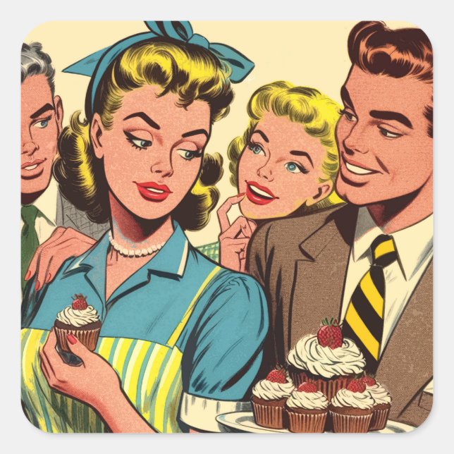 Retro-Paar-Cupcake-Comics Quadratischer Aufkleber (Vorderseite)