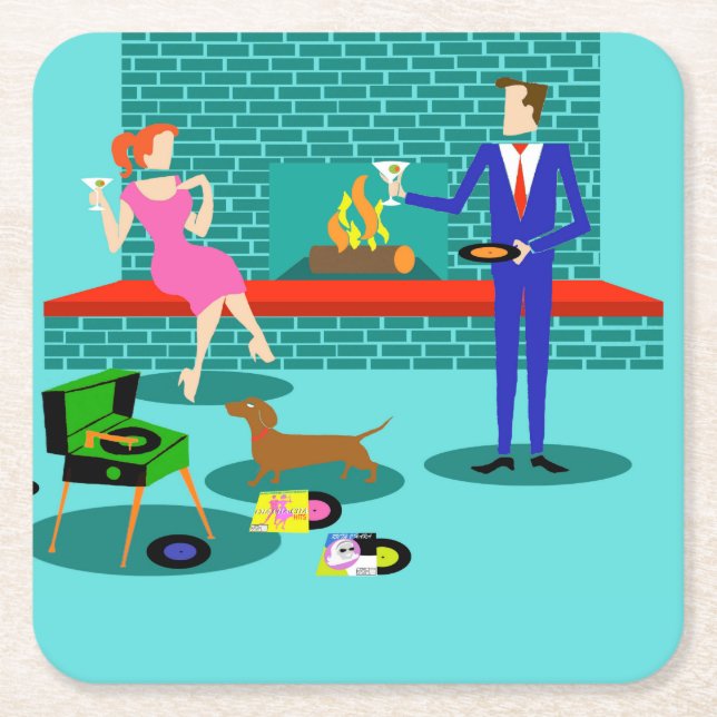 Retro-Paar mit Dog Paper Untersetzer (Vorderseite)