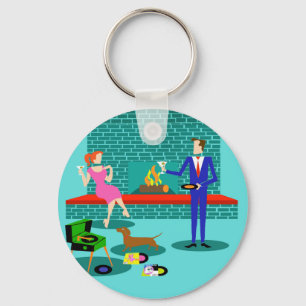 Retro-Paar mit Hund-Button-Schlüsselanhänger Schlüsselanhänger