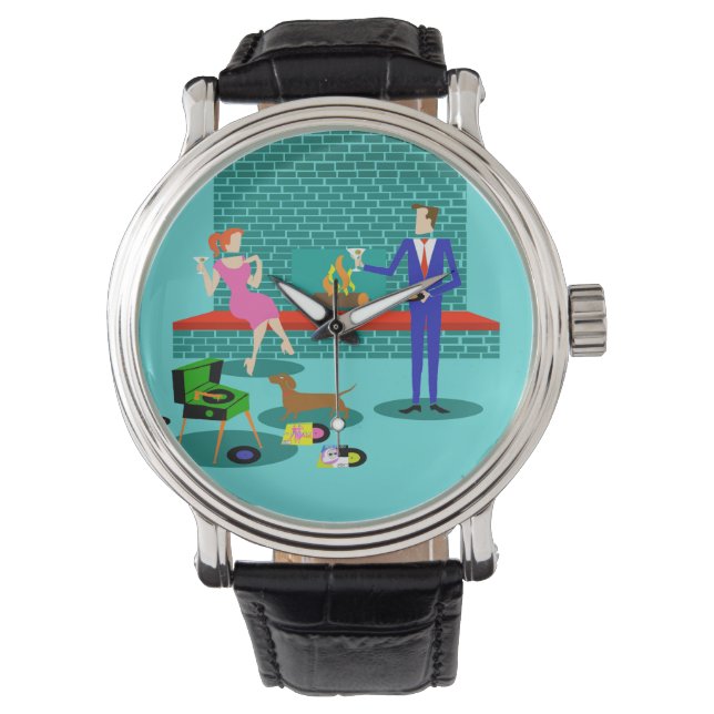 Retro-Paar mit Hunde Männerüberwachung Armbanduhr (Vorderseite)