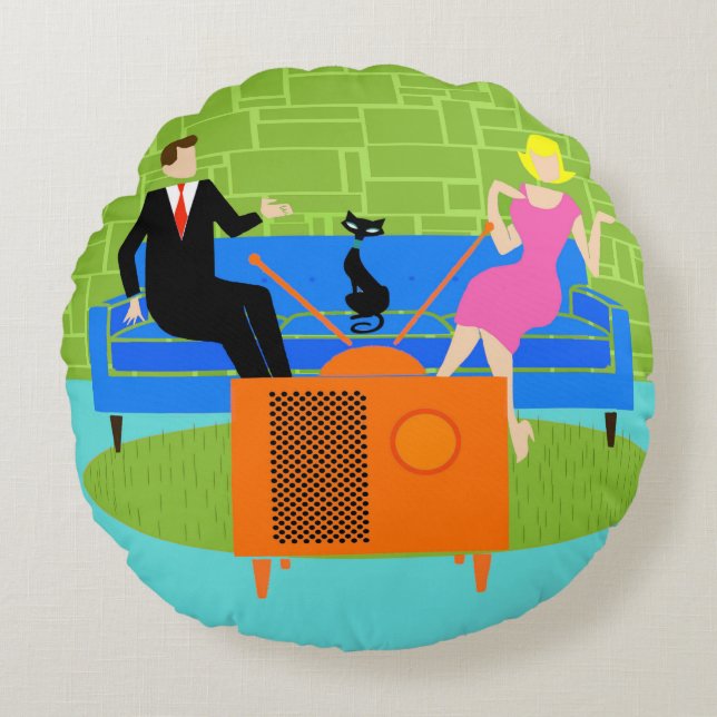 Retro-Paar mit Katzenrundkissen Rundes Kissen (Vorderseite)