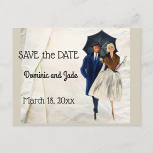 Retro-Paar mit Regenschirm Save the Date Ankündigungspostkarte