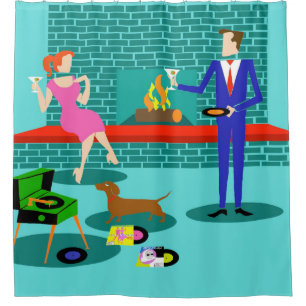 Retro Paare mit Hundeduschvorhang Duschvorhang