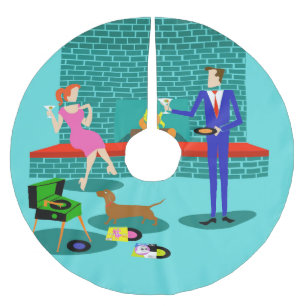 Retro Paare mit Hundeweihnachtsbaum-Rock Polyester Weihnachtsbaumdecke