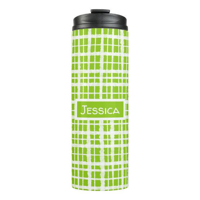 Retro Painted Gingham Kariert Pattern Lime Green Thermosbecher (Vorderseite)
