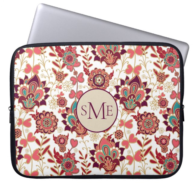 Retro Paisley Floral Monogramm Laptopschutzhülle (Vorderseite)