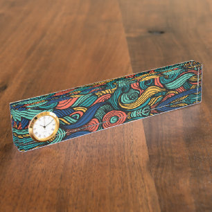 Retro-Paisley-Wellen-Schreibtisch-Schild-Uhr Namensplakette