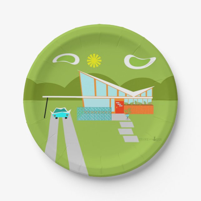 Retro Palm- Springhaus-Papier-Teller Pappteller (Vorderseite)