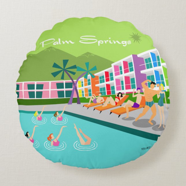 Retro Palm Springs Hotel Round Coussin (Devant)