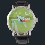 Retro Palm Springs House Black Leather Watch Armbanduhr<br><div class="desc">Dieses Retro Palm Springs House mit Car Black Leather Watch ist ein moderner Liebhaber aus der Mitte des Jahrhunderts. Das minimalistische Kunstdesign besticht durch ein elegantes Orange- und Glashaus mit einem stark abfallenden Dach aus Markierungsform. Die rote Tür hebt den orangefarbenen Steinplaner, der mit Grünpflanzen gefüllt ist, und den dekorativen,...</div>